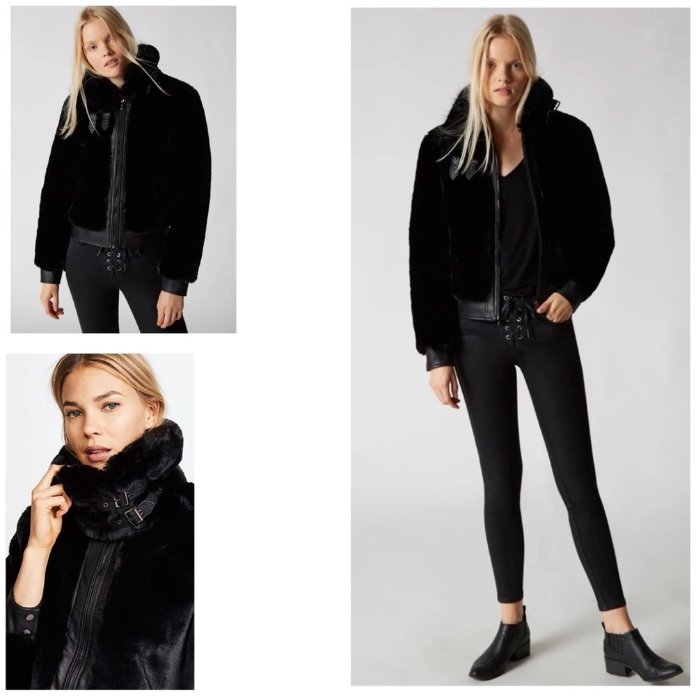 Blank NYC Faux Fur & Leather Cropped Black Noise Teddy Moto Jacket XS